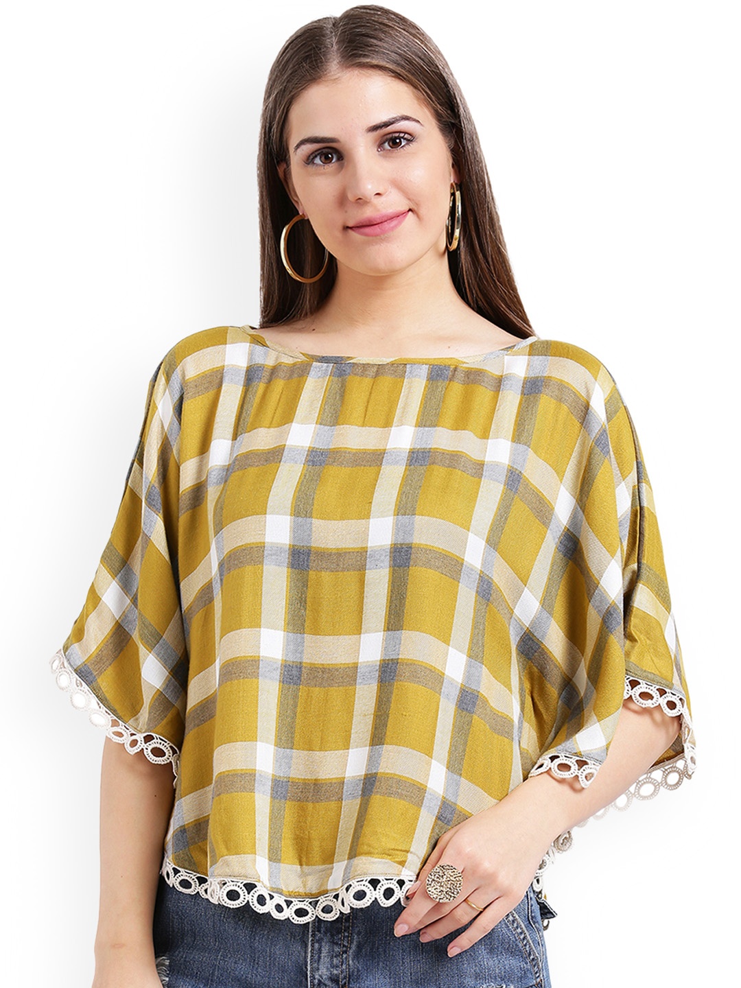 

Taurus Women Mustard Checked Kaftan Top