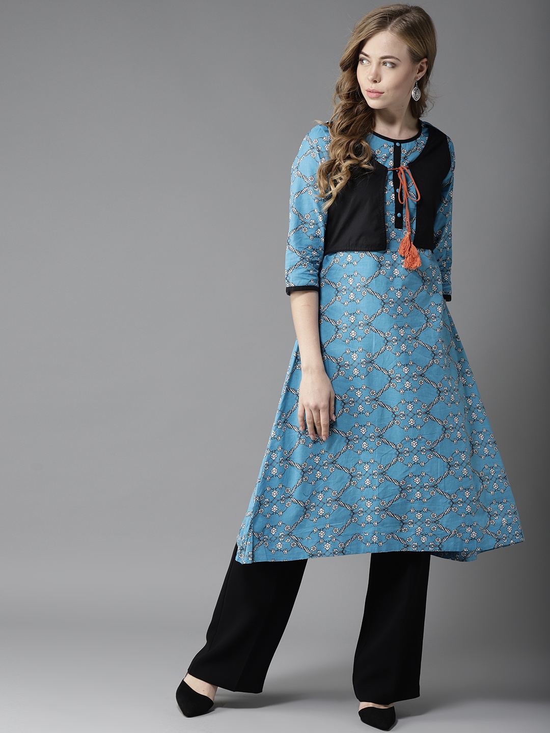 

HERE&NOW Women Blue & Black Printed Layered A-Line Kurta