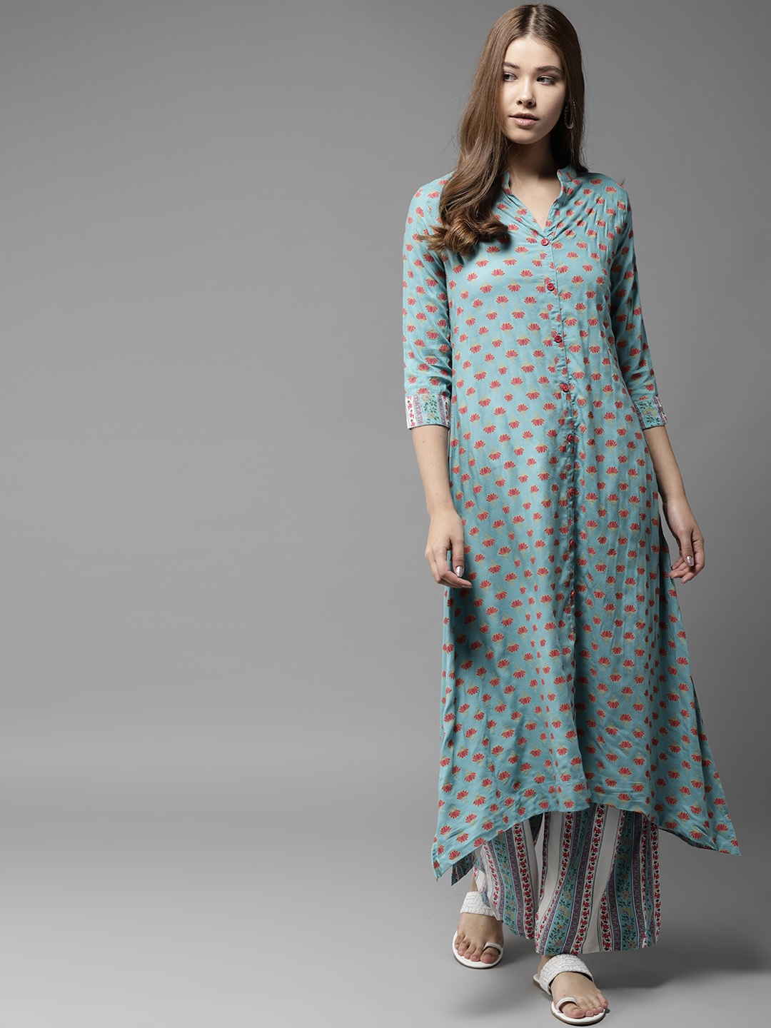 

HERE&NOW Women Blue & Pink Printed Kurta with Palazzos