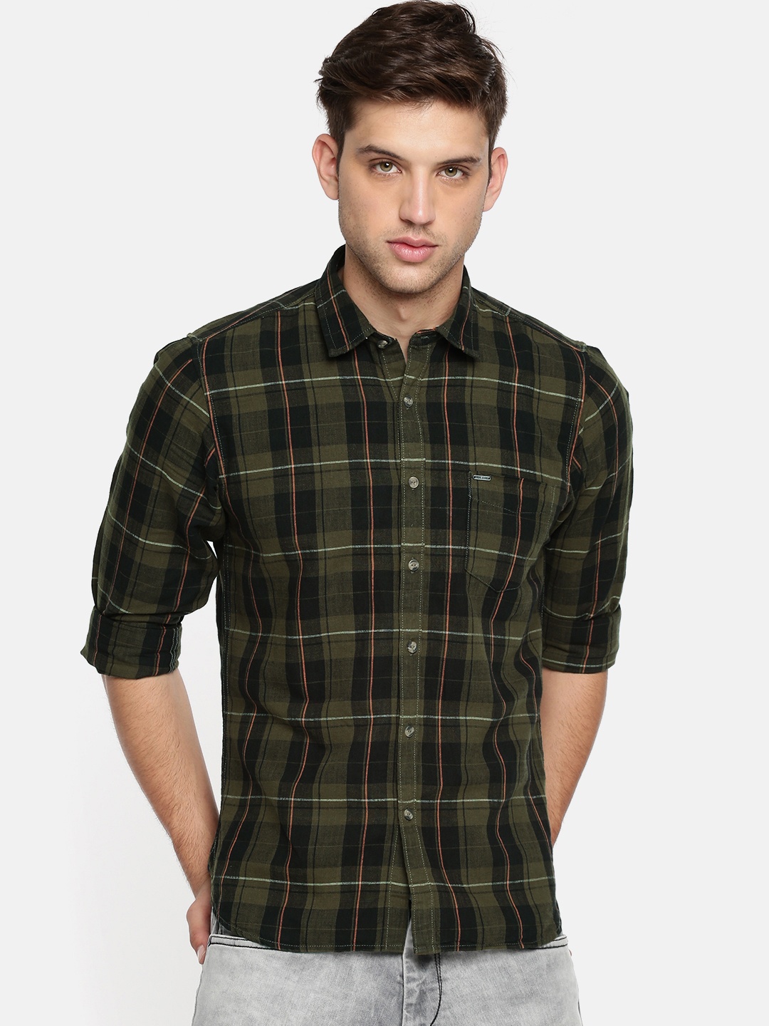 

Pepe Jeans Men Olive Green & Black Regular Fit Checked Casual Shirt