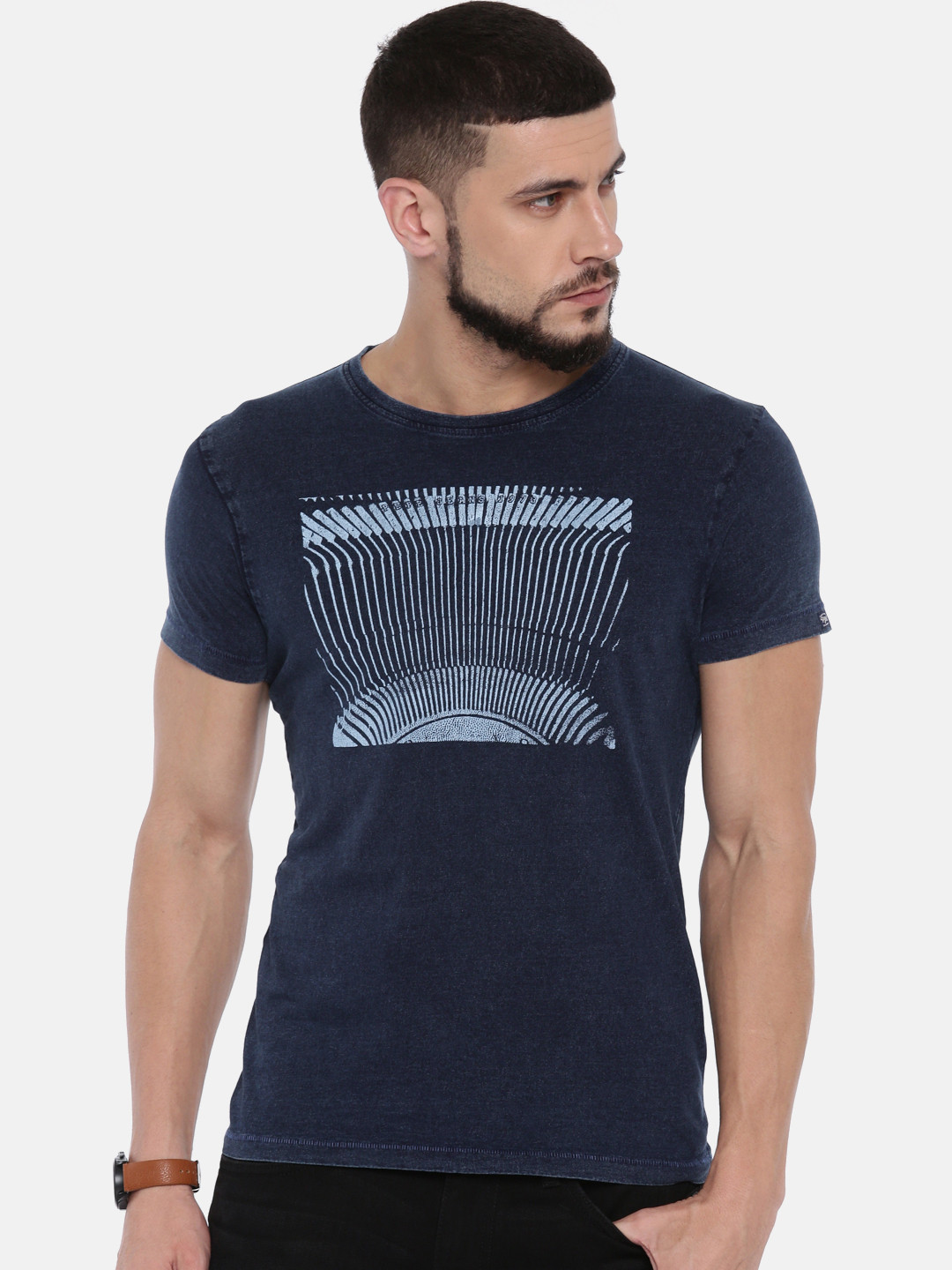 

Pepe Jeans Men Blue Printed Round Neck Pure Cotton T-shirt