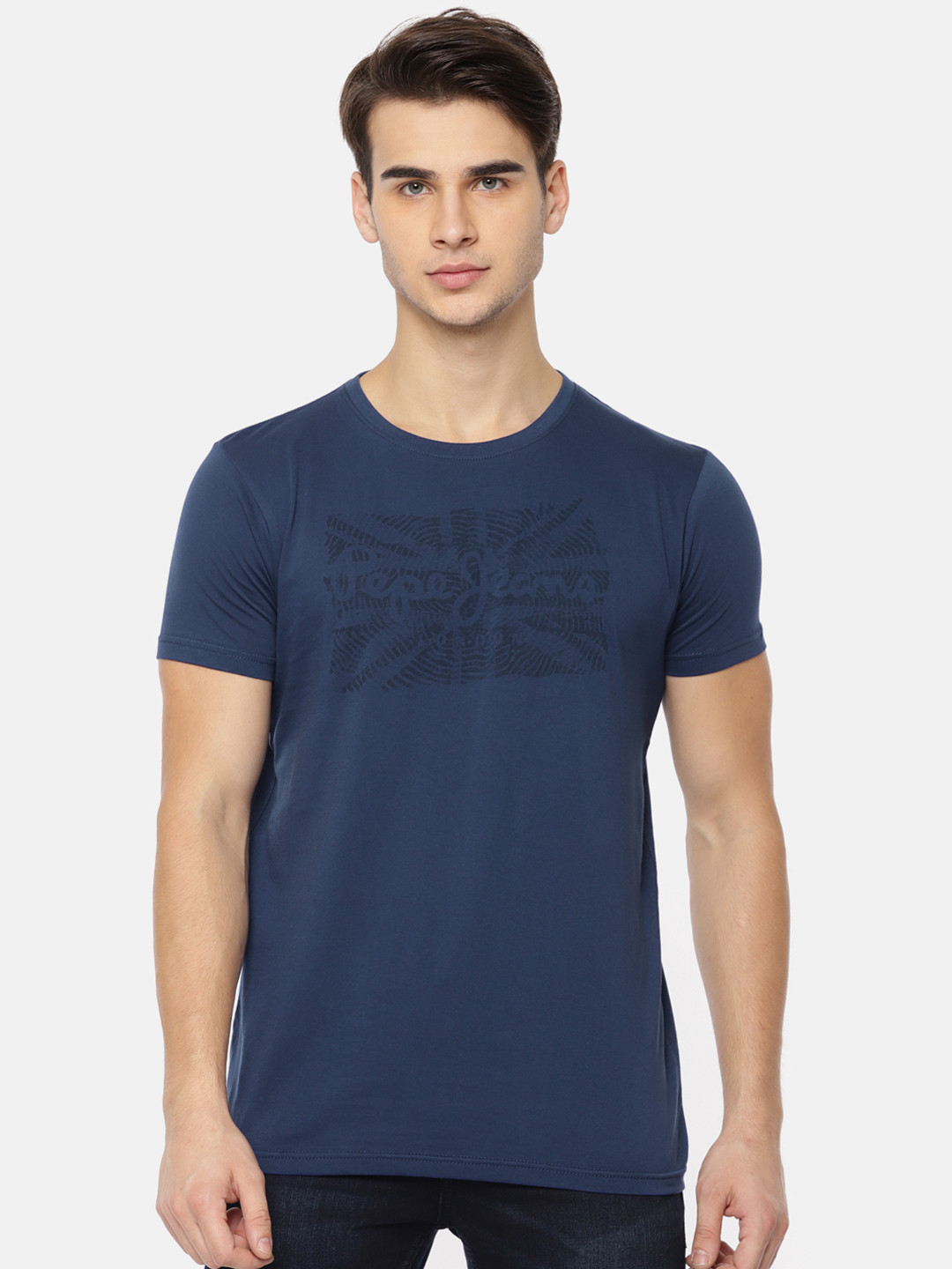 

Pepe Jeans Men Blue Printed Round Neck Pure Cotton T-shirt