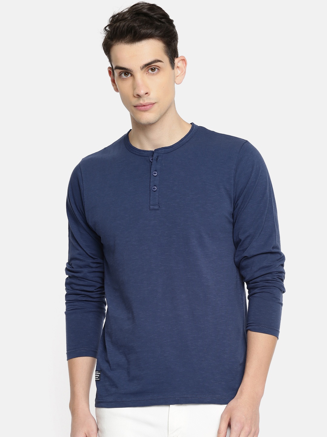 

Pepe Jeans Men Blue Solid Regular Fit Henley Neck Pure Cotton T-shirt