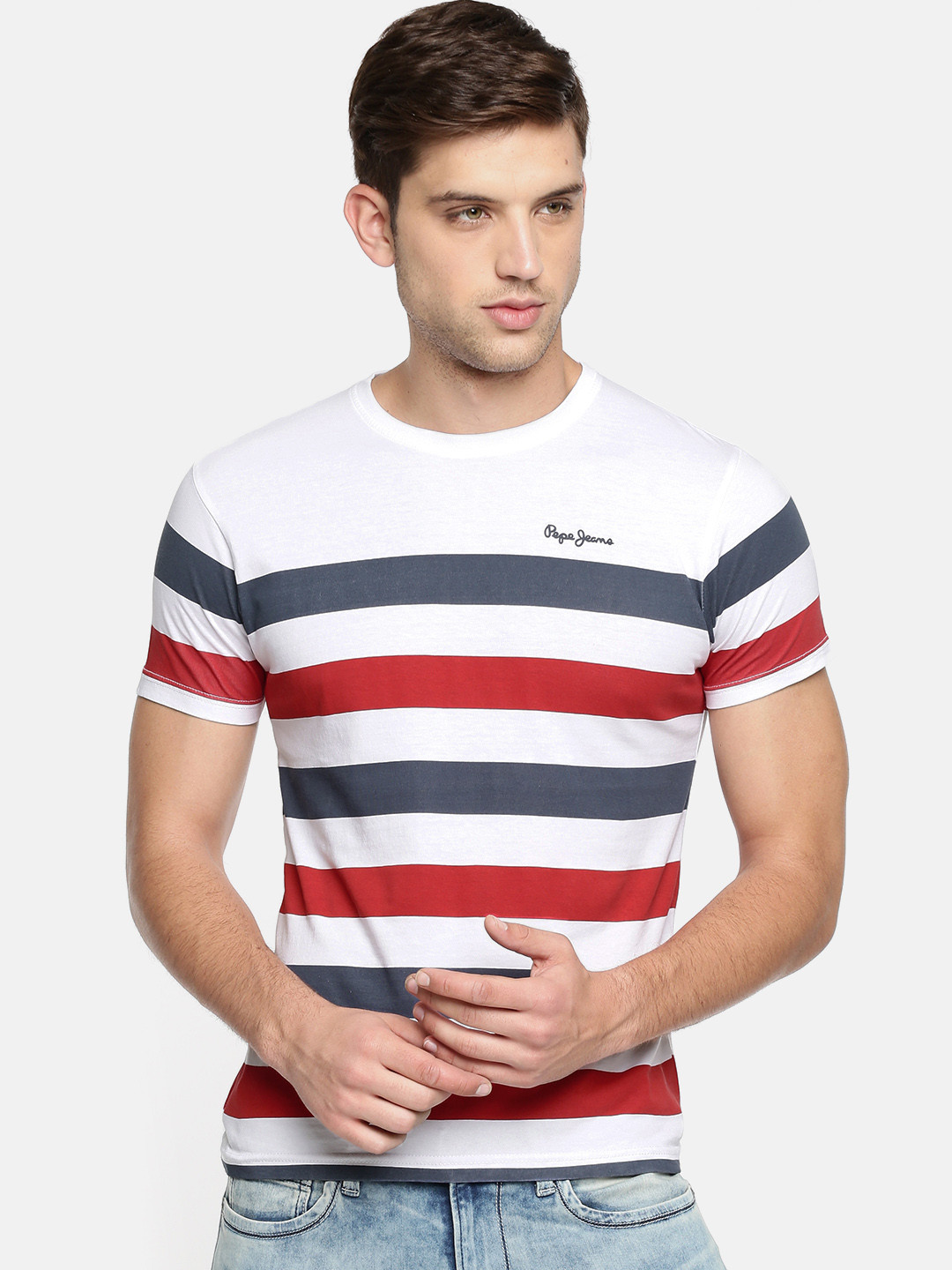 

Pepe Jeans Men White Navy Striped Round Neck Pure Cotton T-shirt