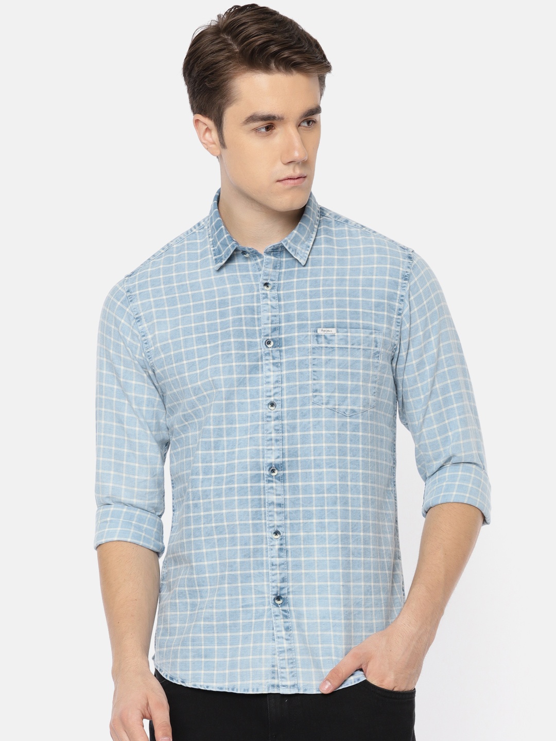

Pepe Jeans Men Blue & White Regular Fit Checked Casual Shirt