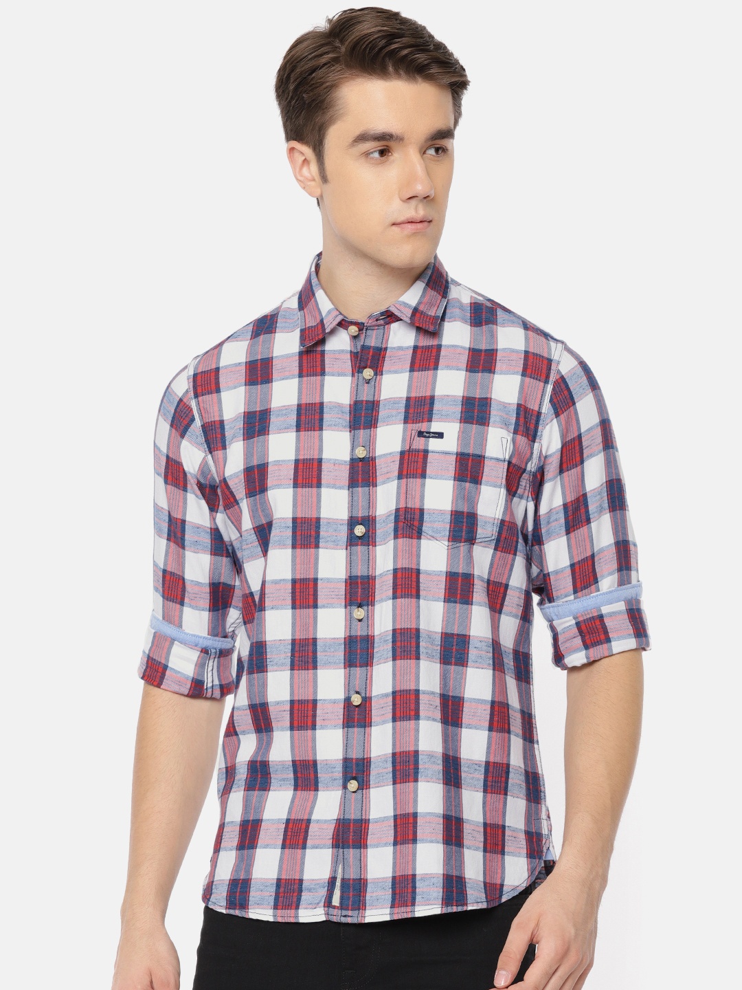 

Pepe Jeans Men White & Rust Regular Fit Checked Casual Shirt