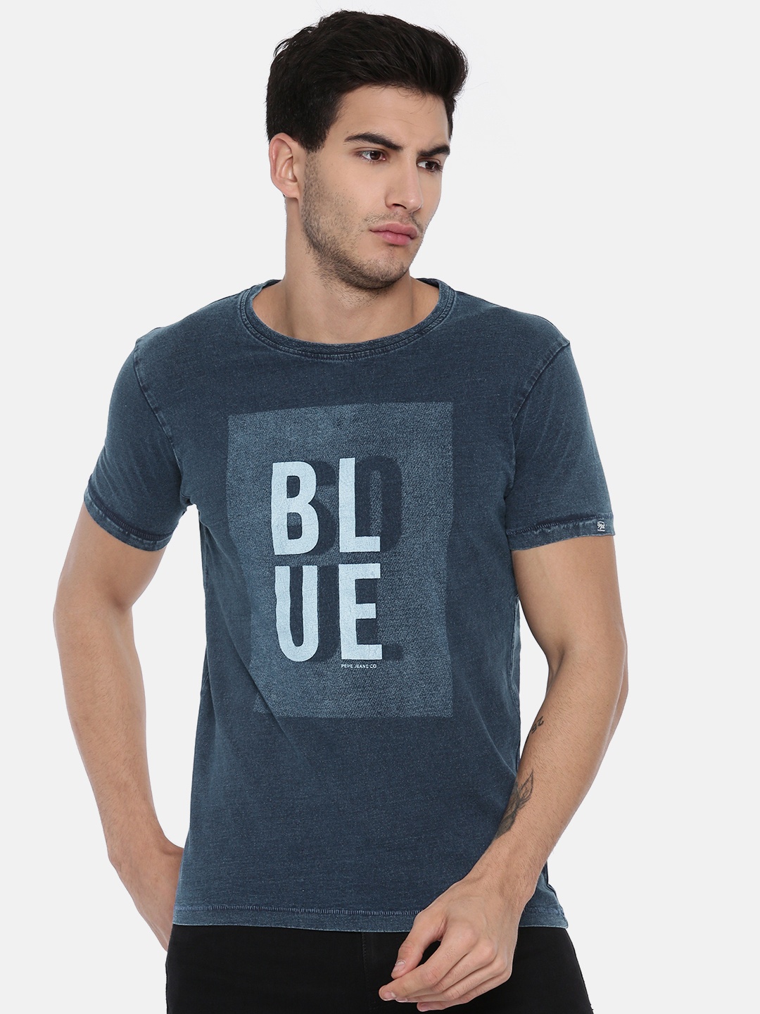 

Pepe Jeans Men Navy Blue Printed Slim Fit Round Neck Pure Cotton T-shirt