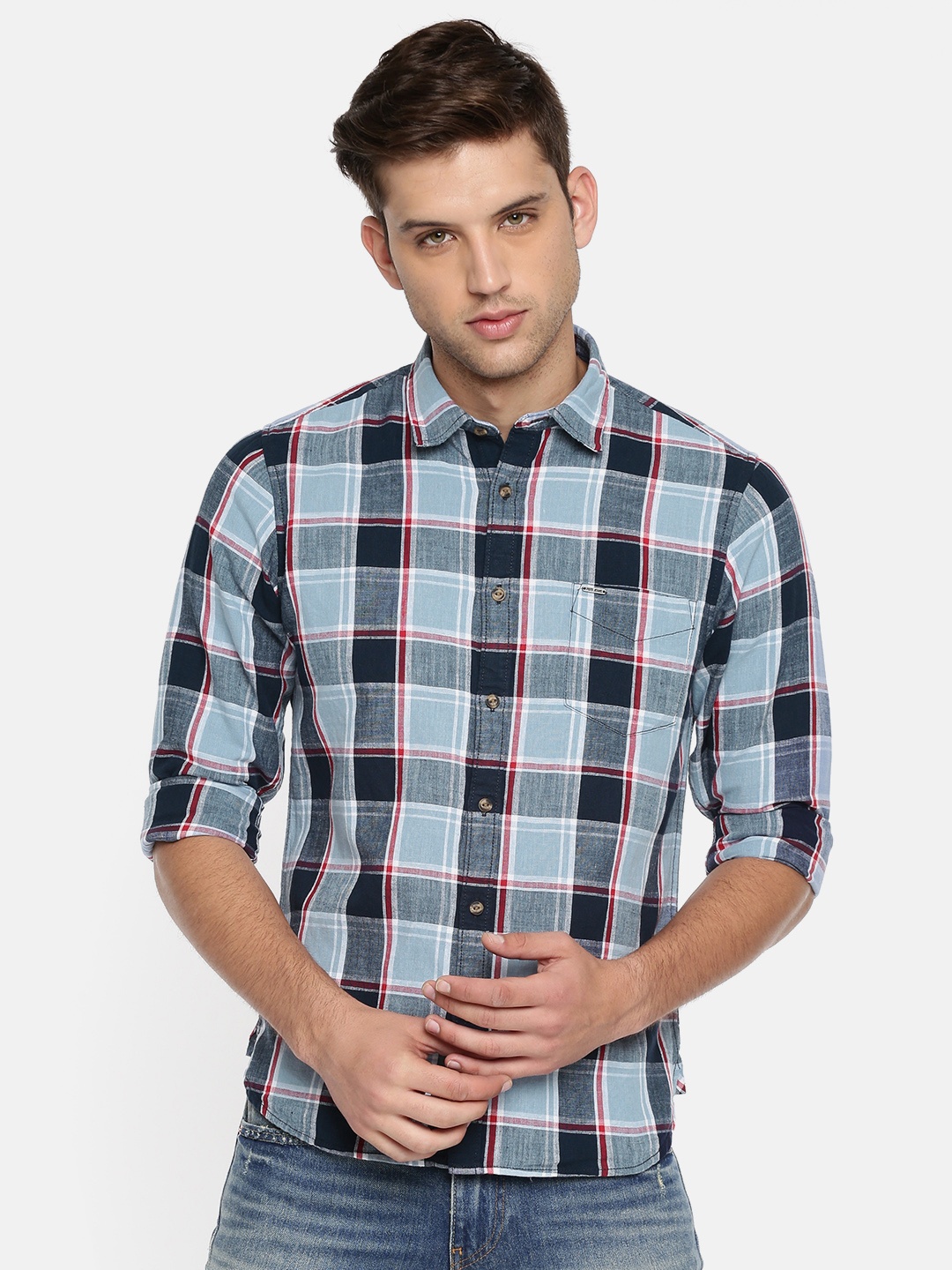 

Pepe Jeans Men Blue & Grey Regular Fit Checked Casual Shirt