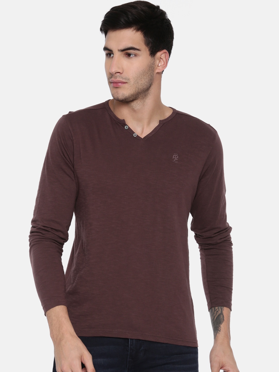 

Pepe Jeans Men Burgundy Solid Slim Fit Round Neck Pure Cotton T-shirt