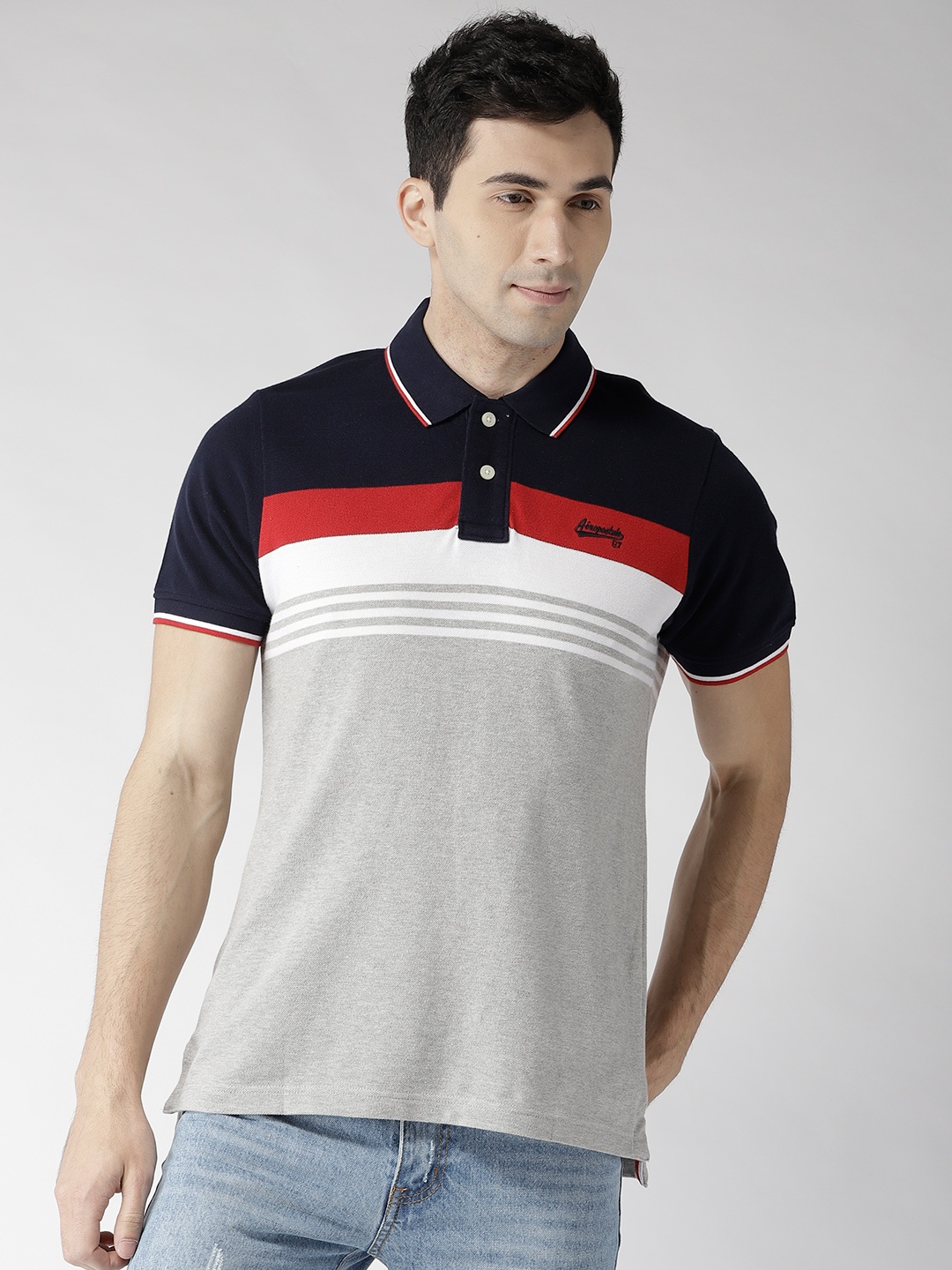 

Aeropostale Men Grey Melange & Navy Blue Striped Polo Collar T-shirt