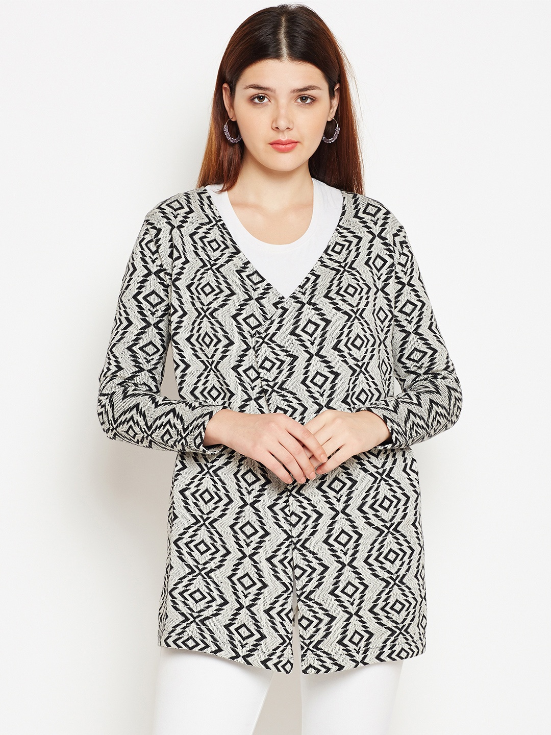 

Be Indi White & Black Printed Open Front Shrug
