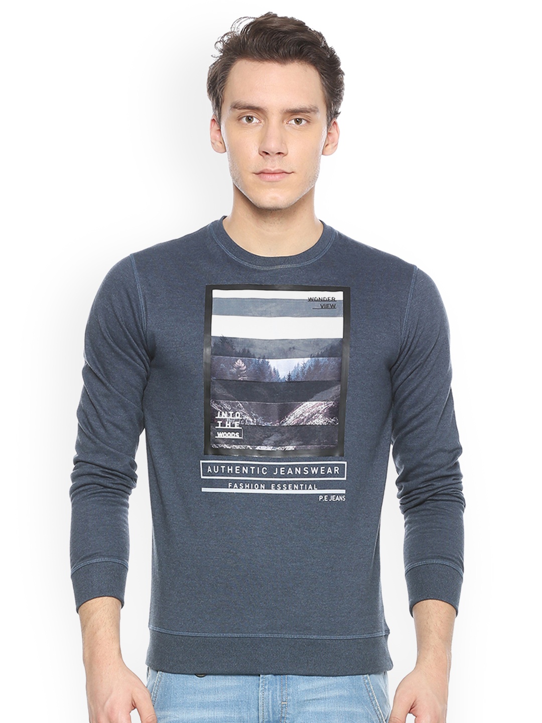 

Peter England Men Navy Blue & Off-White Printed Sweatshirt