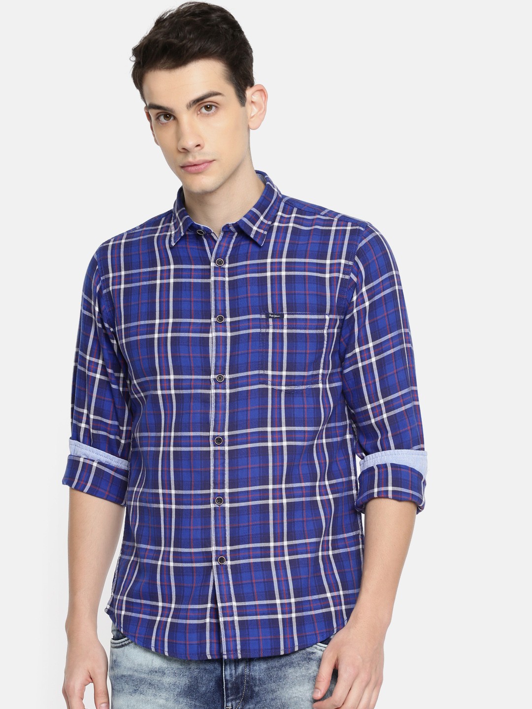 

Pepe Jeans Men Blue & White Regular Fit Checked Casual Shirt