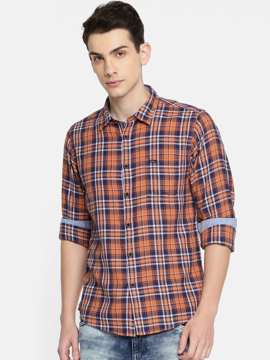 

Pepe Jeans Men Orange & Navy Blue Regular Fit Checked Casual Shirt