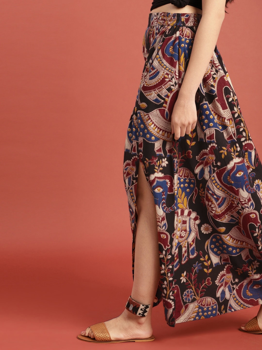 

Taavi Black & Maroon Kalamkari Hand Block Print Ethnic Sustainable Maxi Pure Cotton Skirt with Gathers