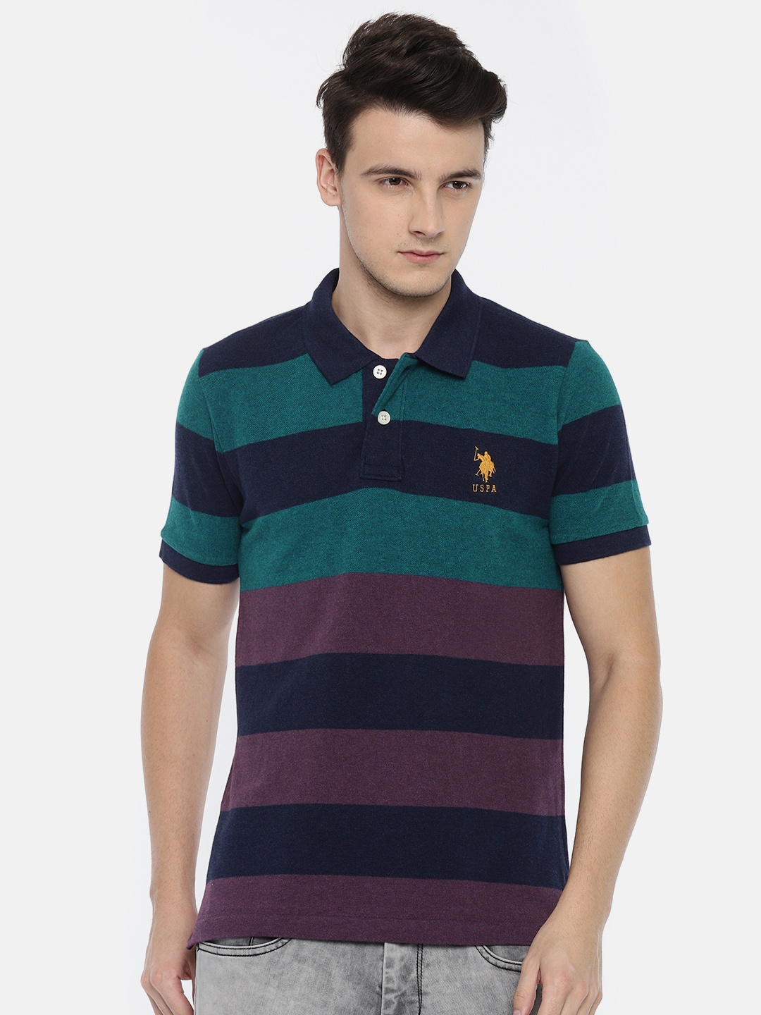

U.S. Polo Assn. Men Blue Striped Polo Collar Pure Cotton T-shirt