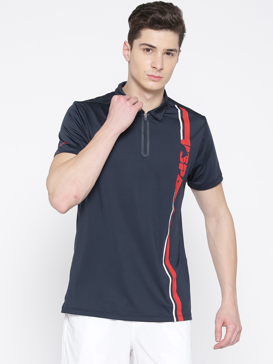 

U.S. Polo Assn. Men Navy Blue Solid Polo Collar T-shirt with Printed Detail