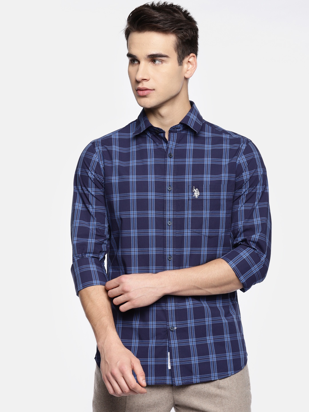 

U.S. Polo Assn. Men Navy Blue Tailored Fit Checked Casual Shirt