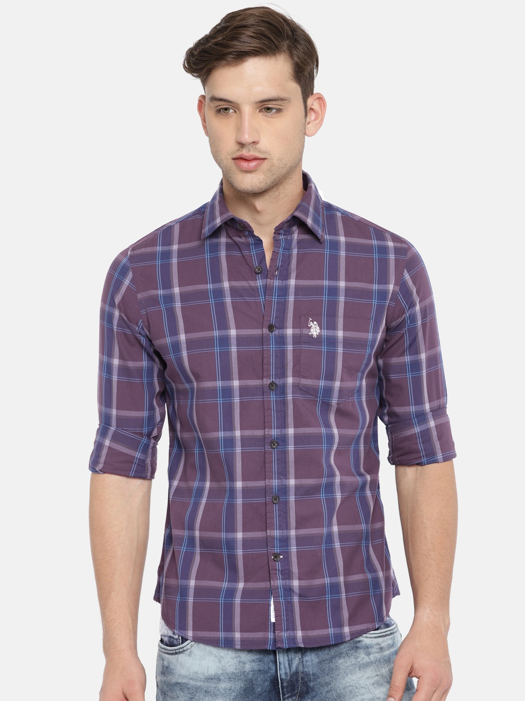

U.S. Polo Assn. Men Purple & Blue Tailored Fit Checked Casual Shirt