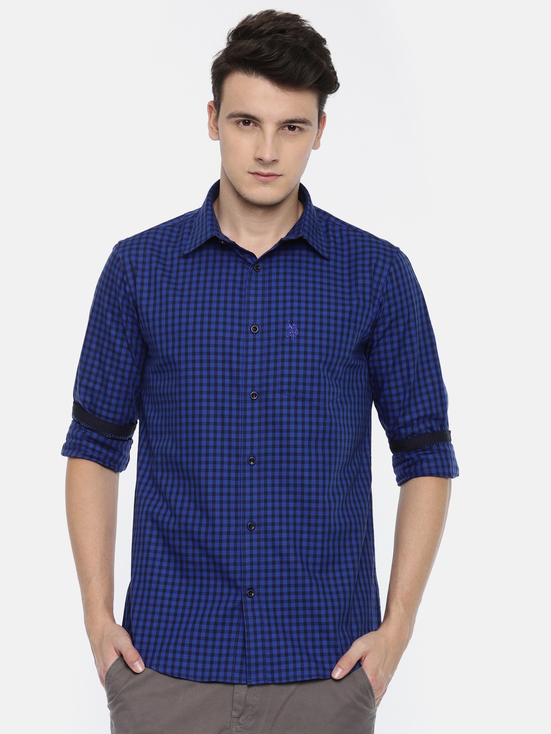 

U.S. Polo Assn. Men Blue & Black Tailored Fit Checked Casual Shirt