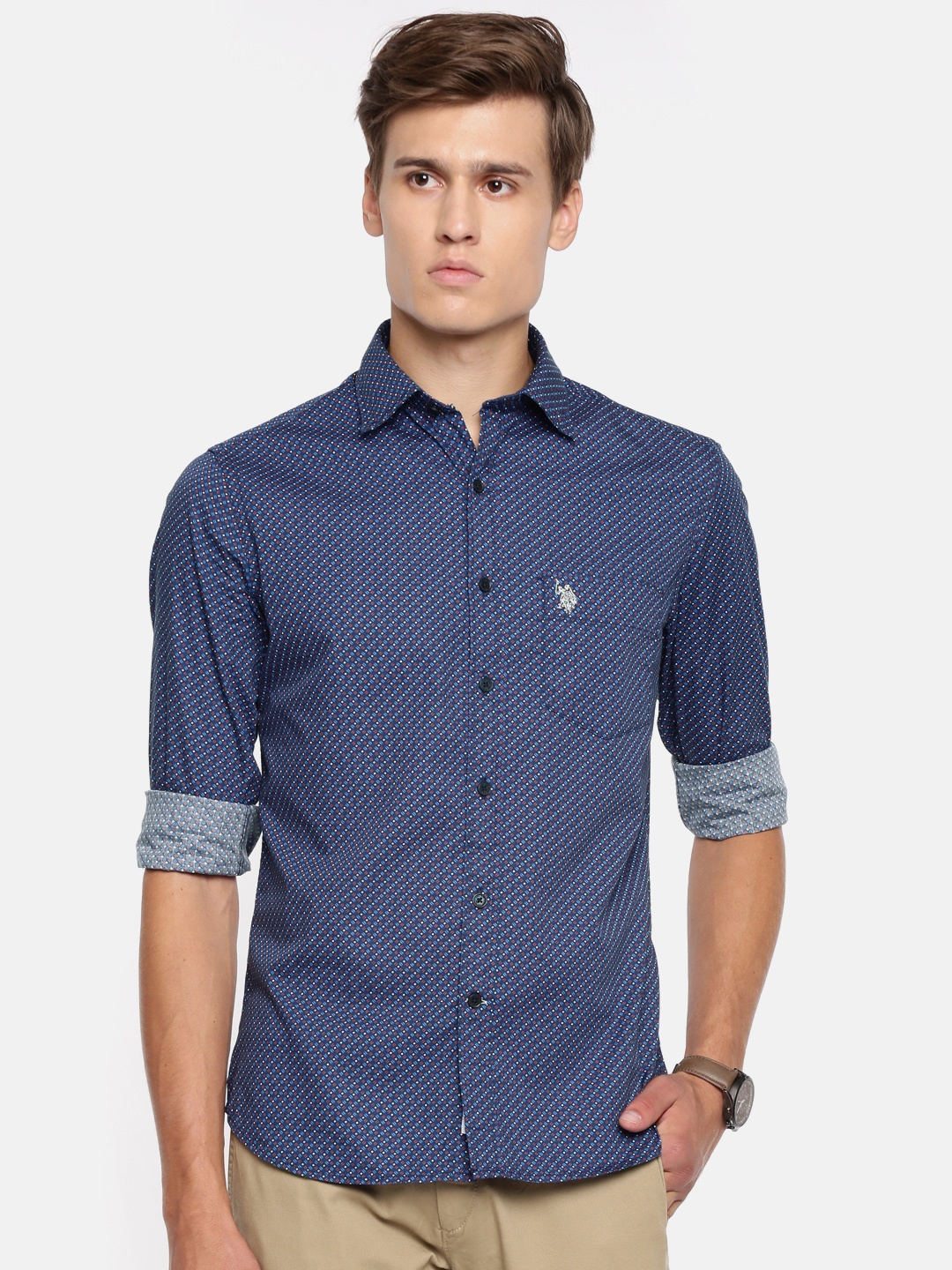

U.S. Polo Assn. Men Navy Blue Tailored Fit Printed Casual Shirt