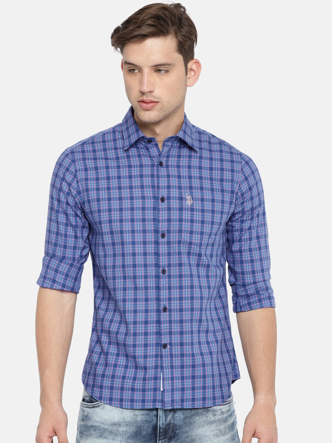 

U.S. Polo Assn. Men Blue Tailored Fit Checked Casual Shirt