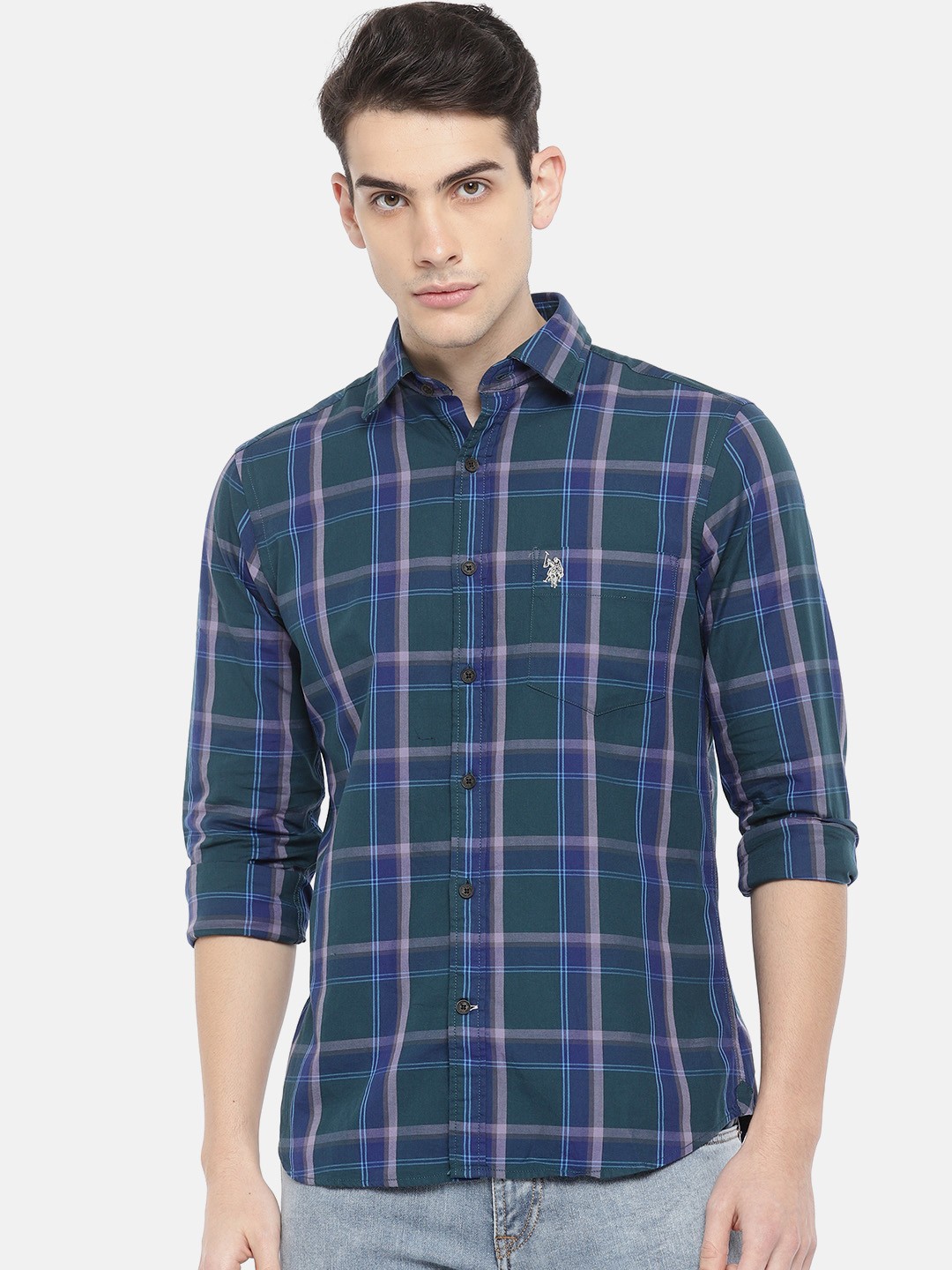 

U.S. Polo Assn. Men Green & Blue Tailored Fit Checked Casual Shirt