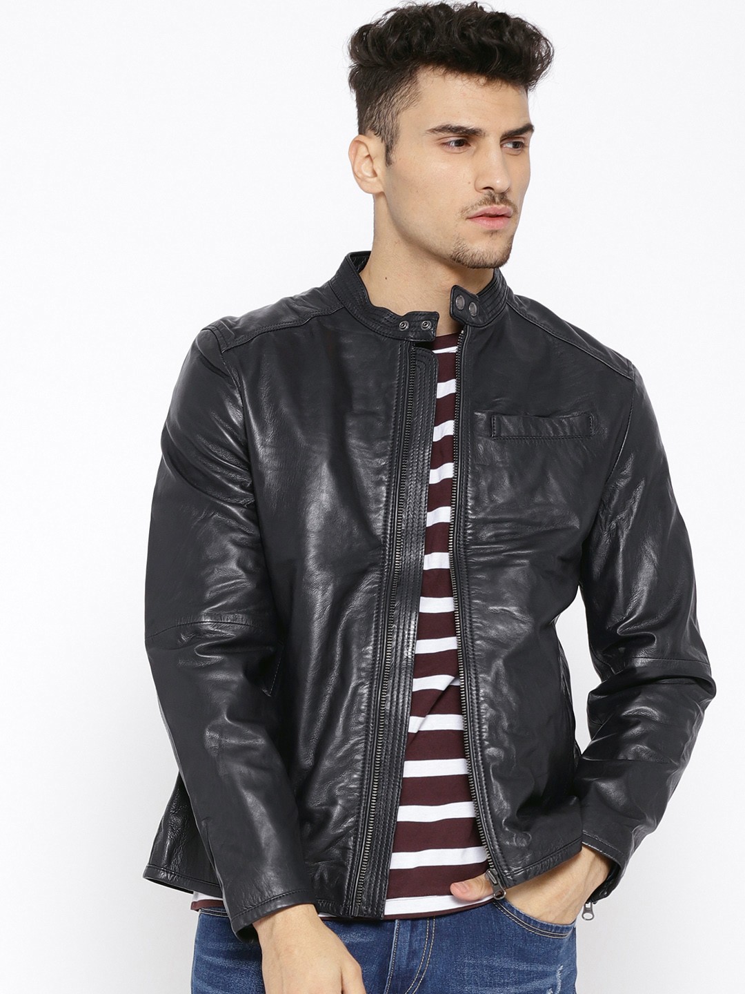 

U.S. Polo Assn. Men Navy Blue Solid Genuine Leather Jacket