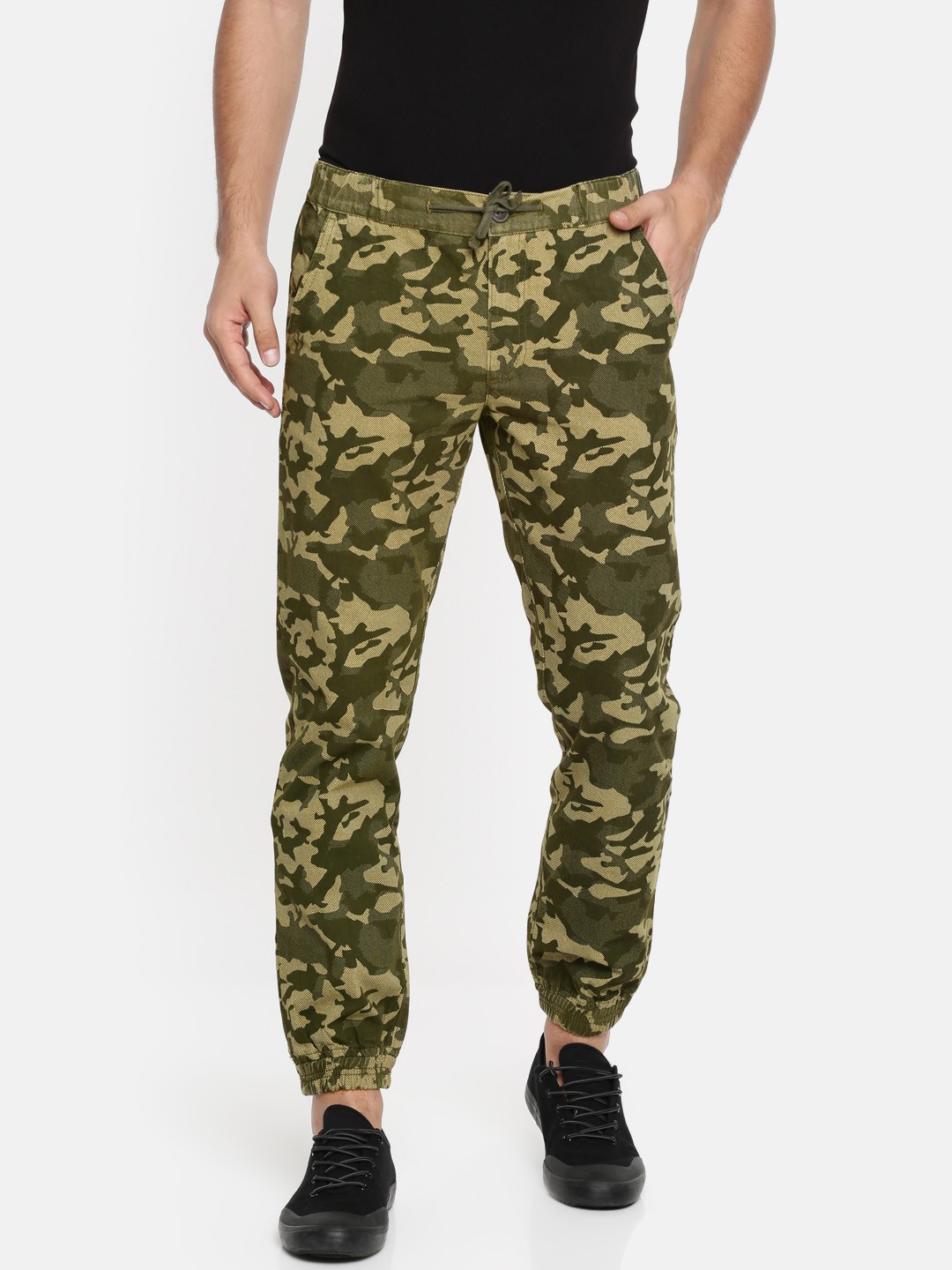 

Pepe Jeans Men Olive Green & Beige Regular Fit Printed Joggers