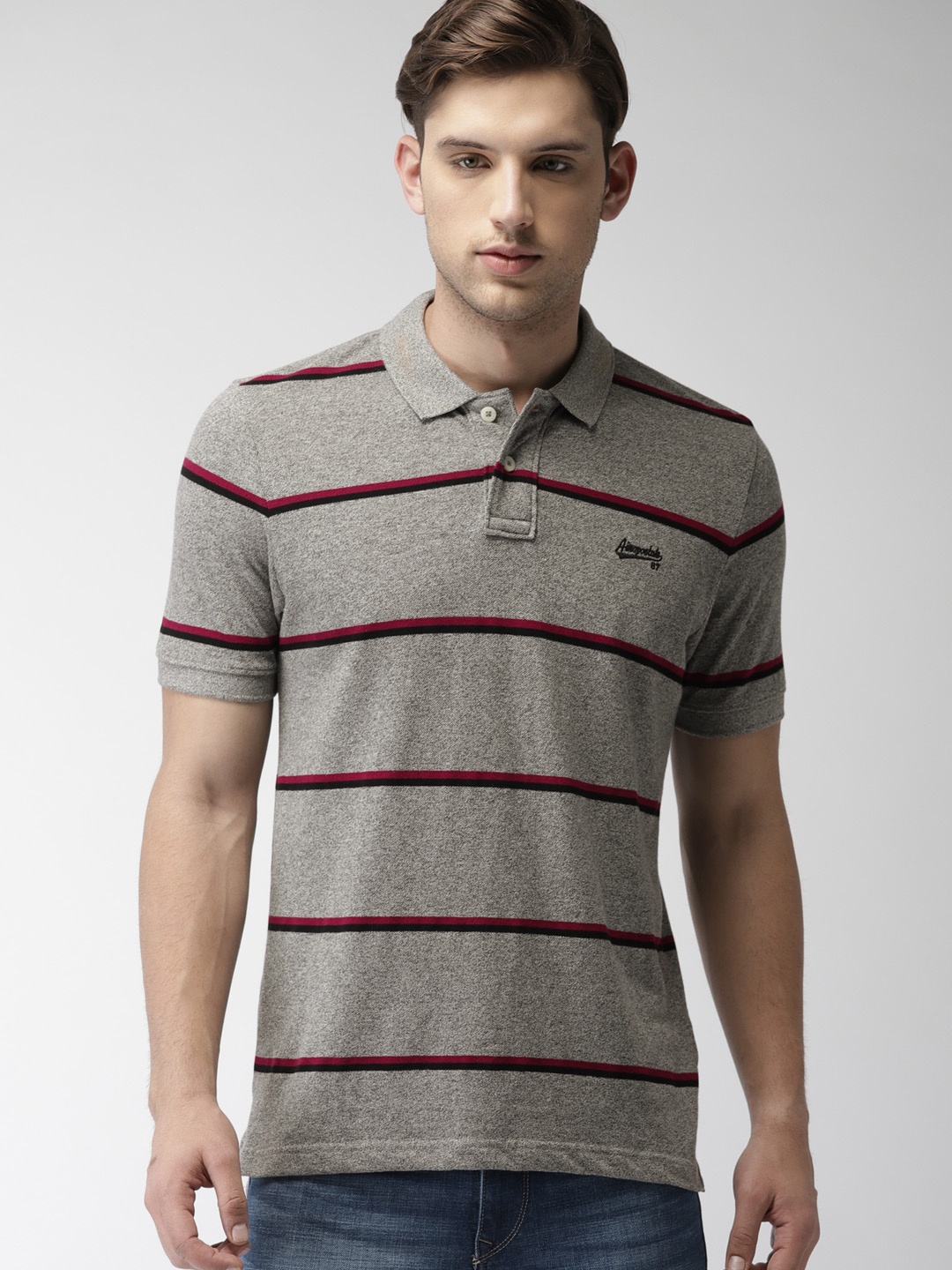 

Aeropostale Men Grey & Magenta Striped Polo T-shirt