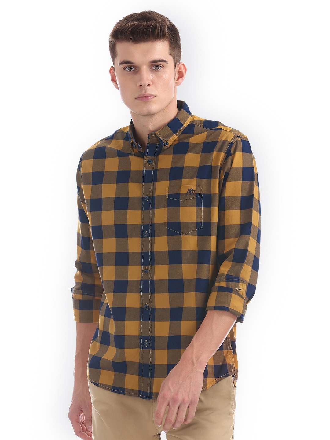 

Aeropostale Men Yellow & Navy Blue Slim Fit Checked Casual Shirt