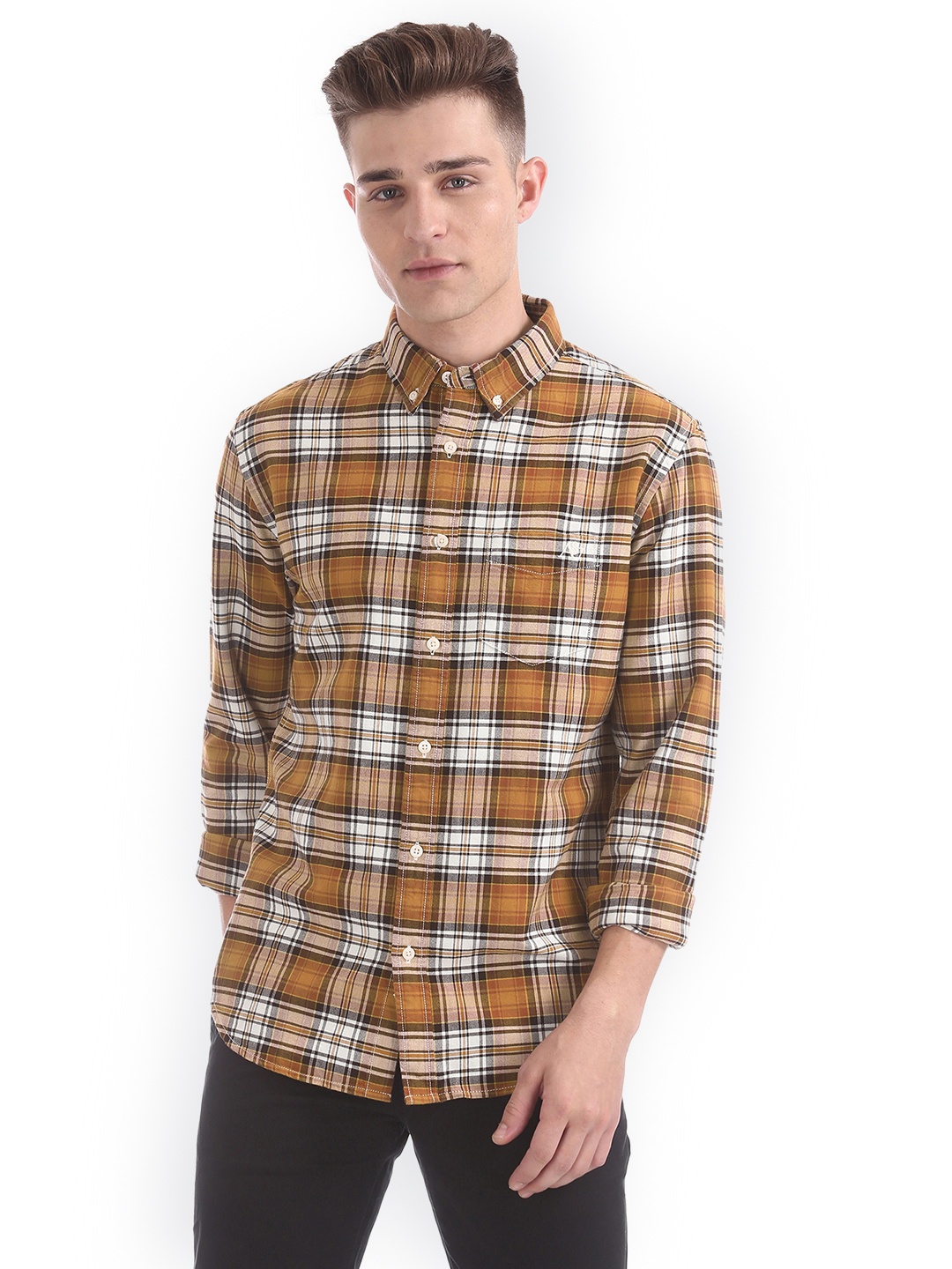 

Aeropostale Men Yellow & White Slim Fit Checked Casual Shirt