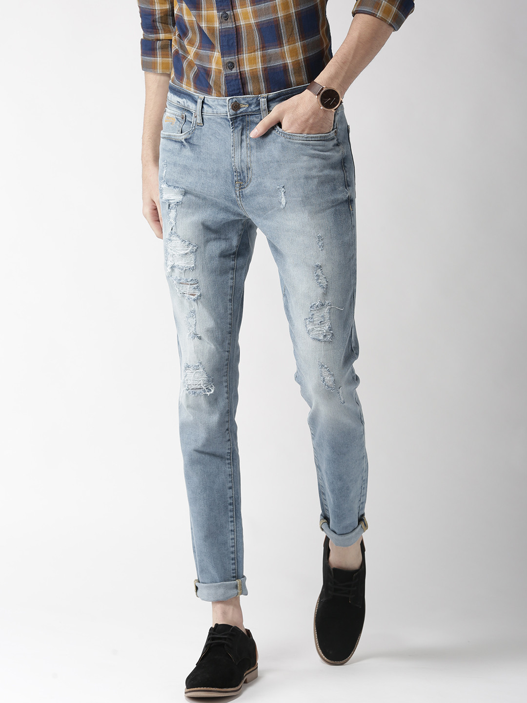 

Aeropostale Men Blue Regular Fit Mid-Rise Highly Distressed Stretchable Jeans