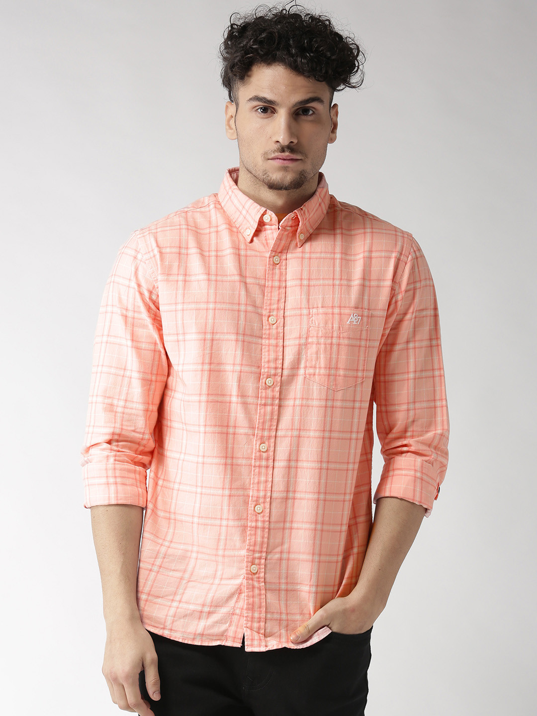 

Aeropostale Men Coral Pink Regular Fit Checked Casual Shirt