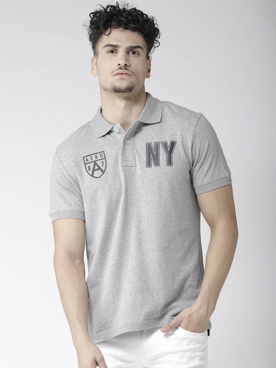 

Aeropostale Men Grey Melange Solid Polo Collar T-shirt