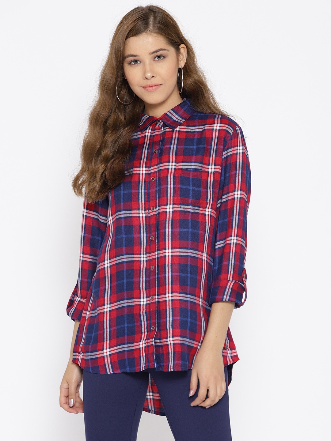 

U.S. Polo Assn. Women Pink & Navy Blue Regular Fit Checked Casual Longline Shirt