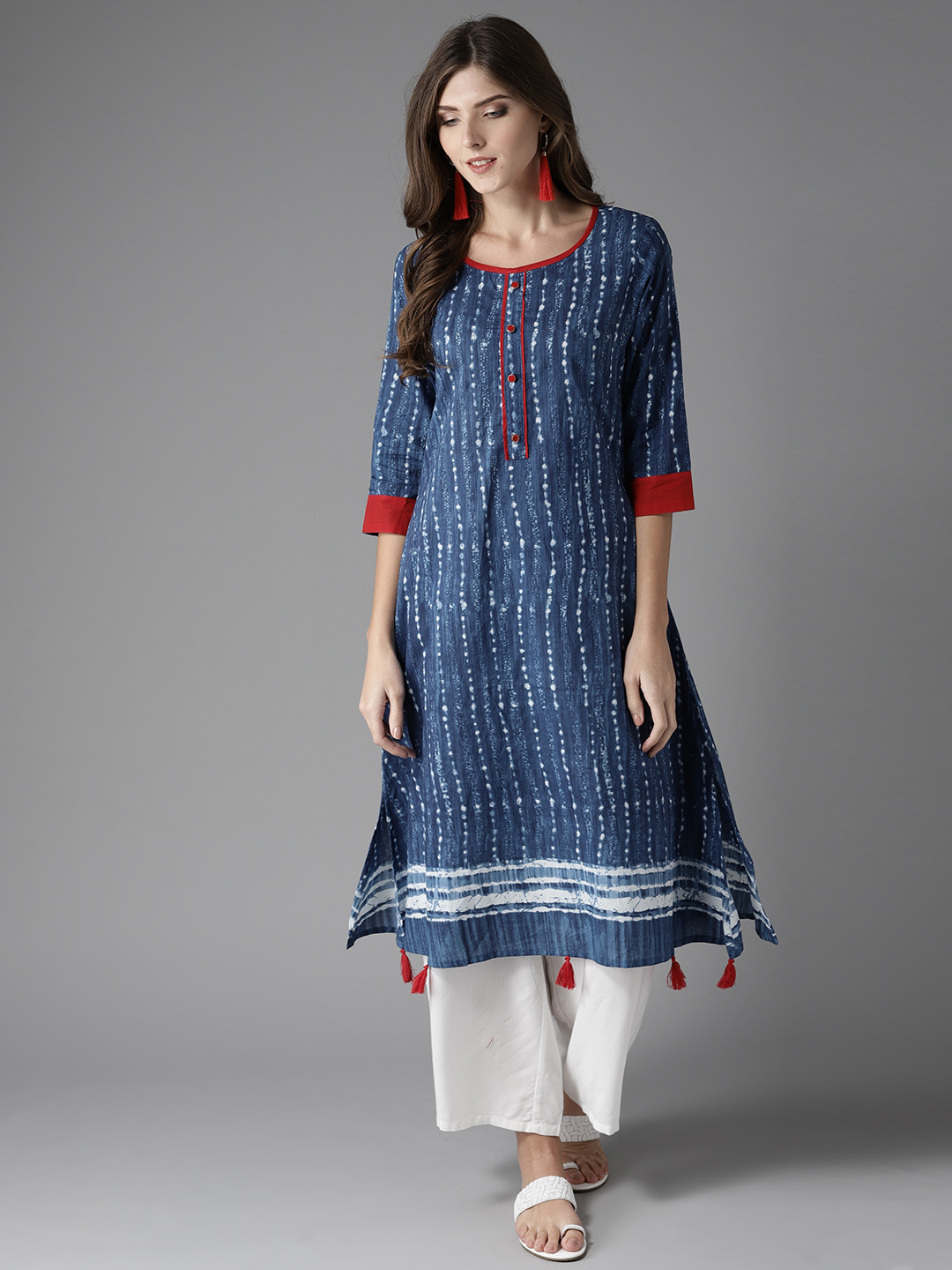 

HERE&NOW Women Navy Blue & White Printed A-Line Kurta
