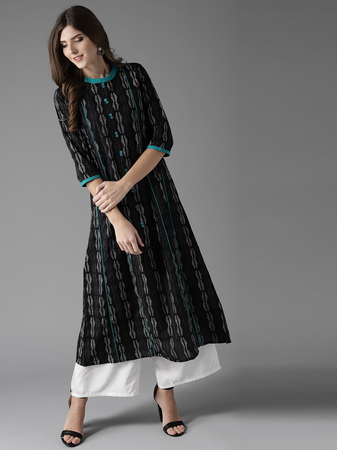 

HERE&NOW Women Black & Grey Printed A-Line Kurta