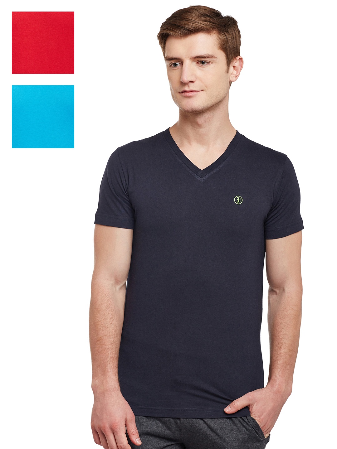 

BODYACTIVE Men Navy Blue Solid V-Neck T-shirt