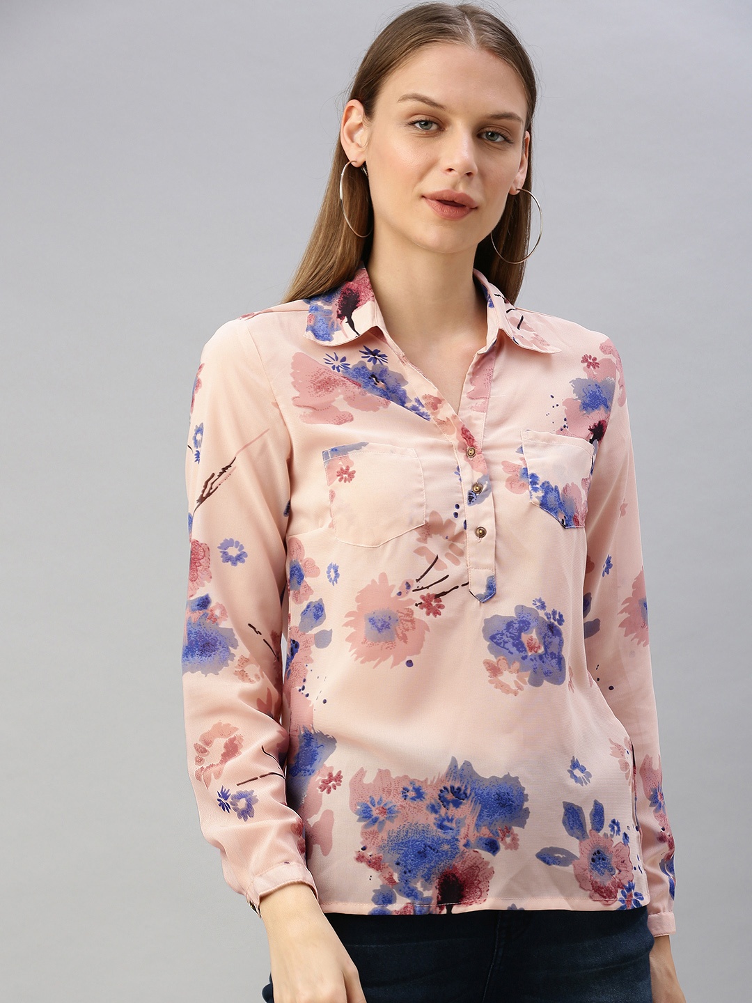 

Harpa Women Peach-Coloured & Blue Regular Fit Floral Printed Casual Shirt