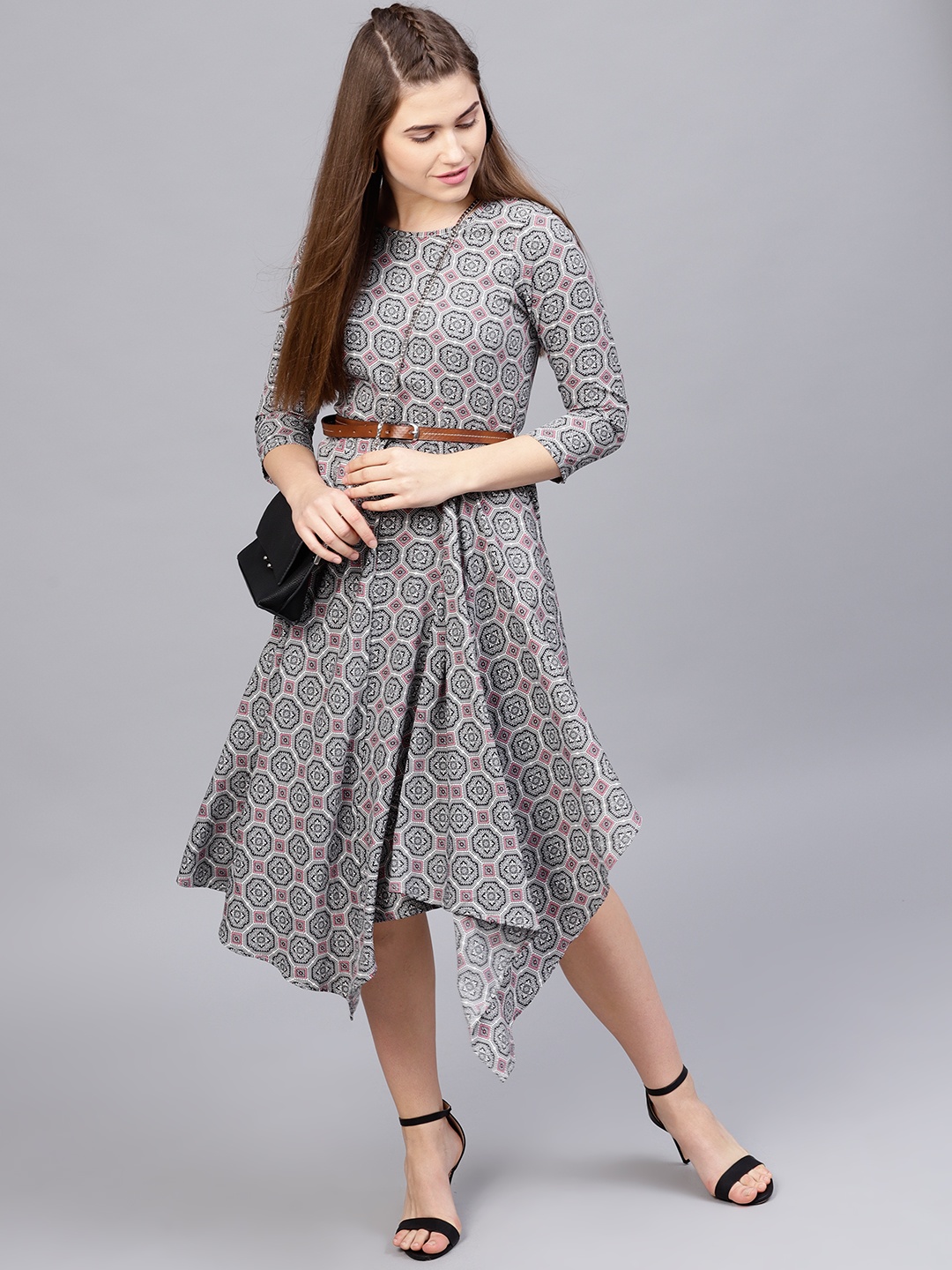 

Athena Women White & Black Printed Fit and Flare Dress