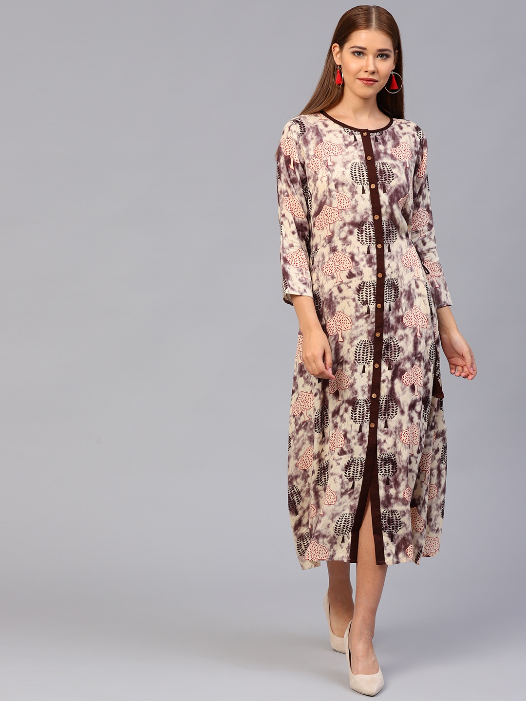 

Athena Women Beige & Brown Printed A-Line Dress
