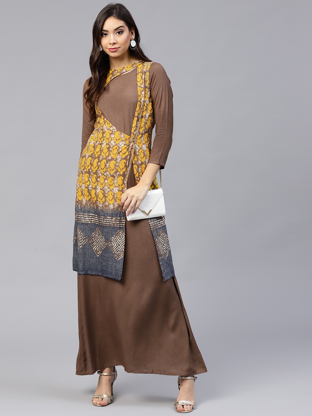 

Athena Women Brown & Yellow Printed Layered Maxi Dress