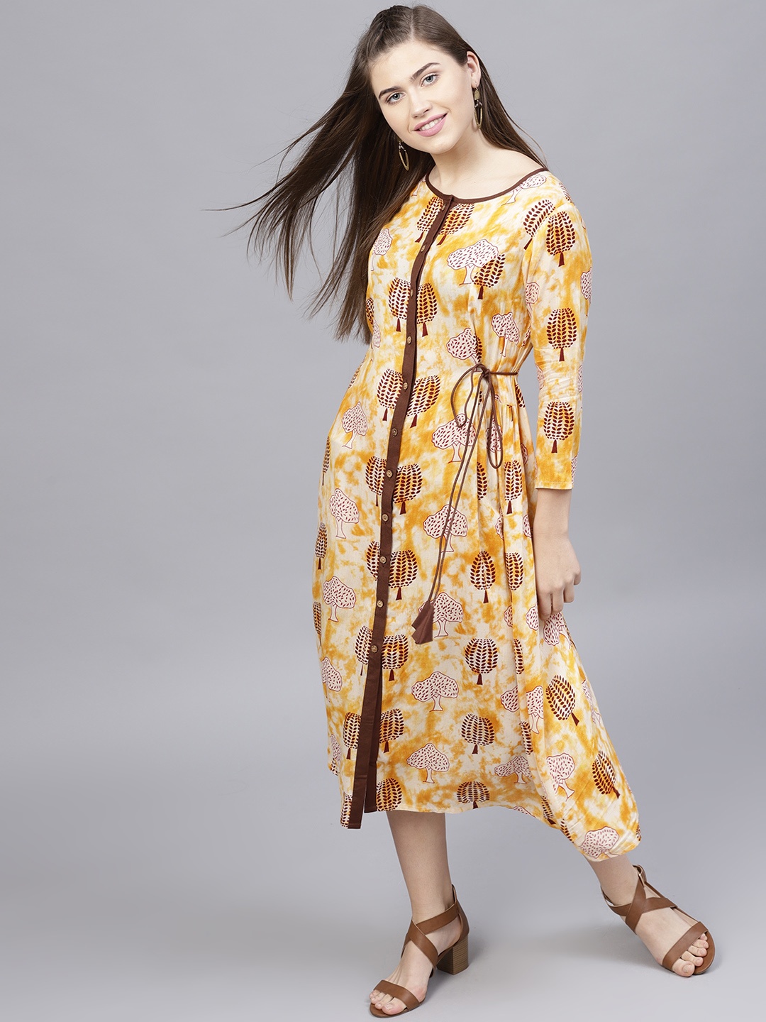 

Athena Women Yellow Printed Midi A-Line Dress
