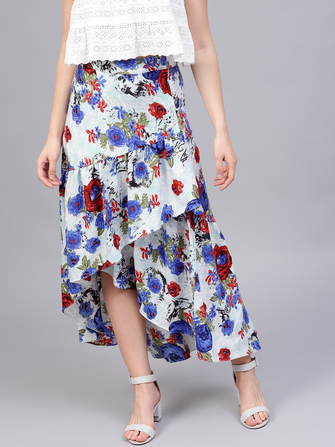 

Athena Women Blue & Red Floral Print High-Low Maxi A-Line Skirt