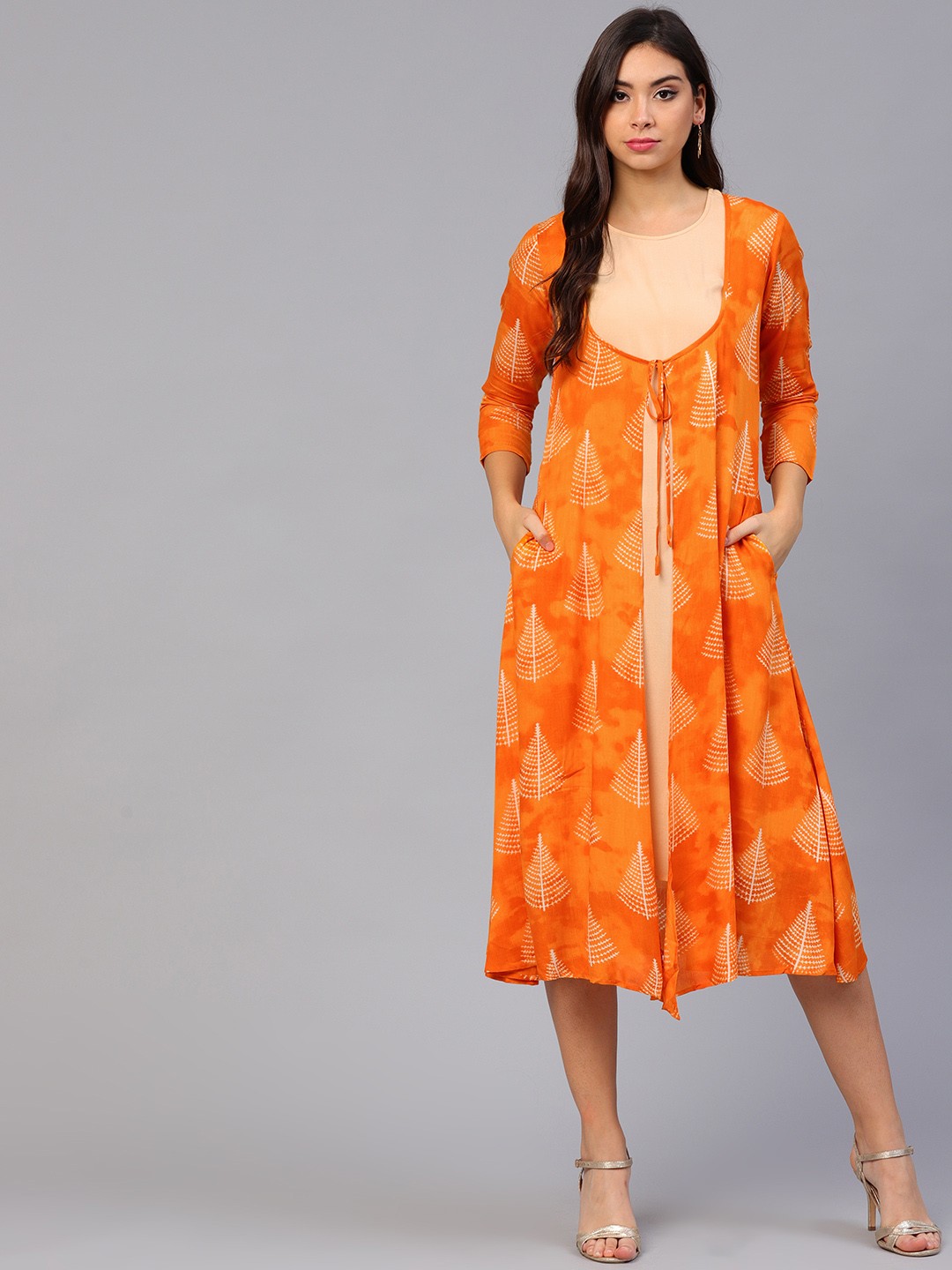 

Athena Women Orange Printed Layered A-Line Dress