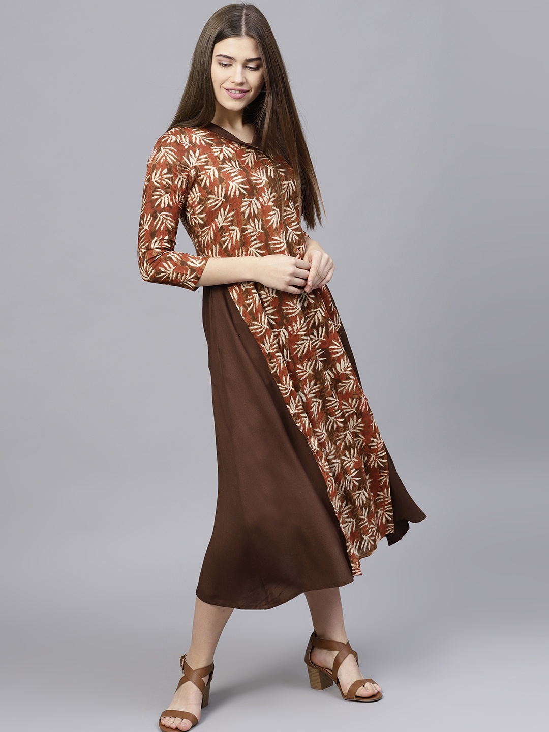 

Athena Women Brown & Beige Printed Layered A-Line Dress