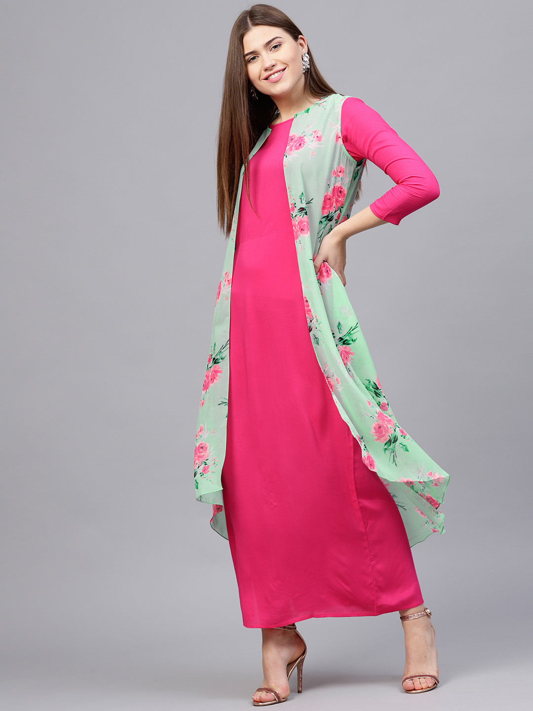 

Athena Women Pink & Green Solid Maxi Dress