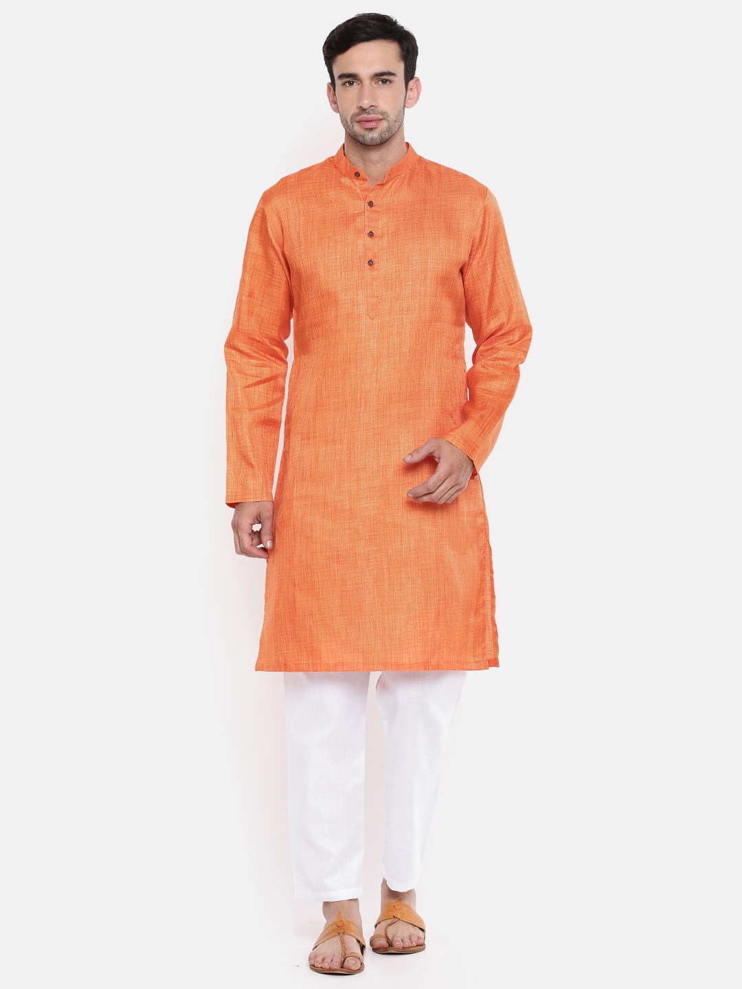 

Freehand Men Orange & White Solid Kurta with Pyjamas