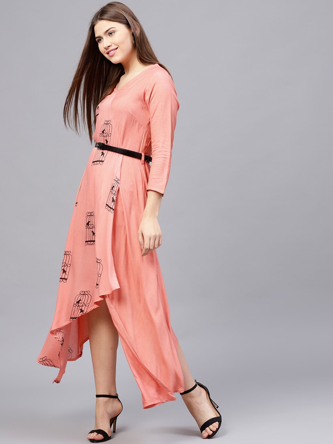 

Athena Women Peach-Coloured Printed A-Line Dress